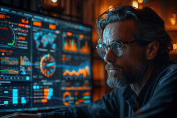 Poster - A manager reviewing financial charts and graphs on a computer screen, emphasizing data-driven decision-making in business. Concept of analytics. Generative Ai.