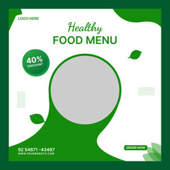 Wall Mural - Healthy food social media post and banner design with green background. Vector design with photo collage. Usable for social media, flyer, banner and web internet ads