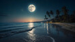 A serene beach scene under the light of a full moon, with the silhouette of palm trees swaying in the gentle breeze