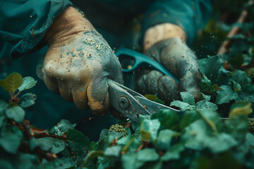 Poster - a pair of hands wielding pruning shears to shape and sculpt overgrown branches on ornamental trees. 
