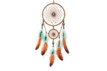 Wall Mural - Brown and Turquoise Dream Catcher With Feathers. on a White or Clear Surface PNG Transparent Background.