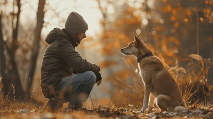 Poster - A man kneeling down next to a dog