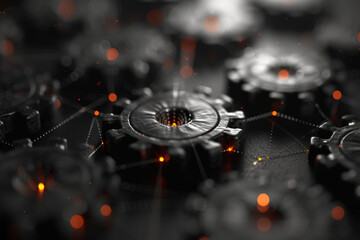 Poster - An intricate web of interconnected gears and cogs symbolizing the complexity of communication systems. Concept of interconnected networks. Generative Ai.