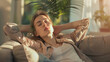 Woman relaxing on a couch with sunlight caressing her face, exemplifying serenity.