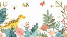 Dinosaur In A Field Of Flowers And Butterflies