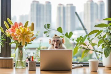 Wall Mural - A monkey is sitting on a laptop computer in front of a window with a view of a city