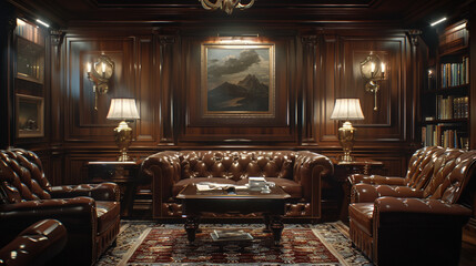 Poster - A masculine den with leather furniture and dark wood paneling.