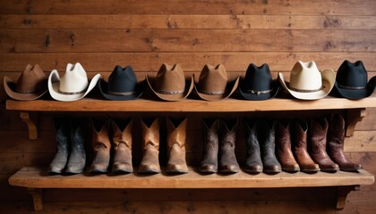 Wall Mural - Wooden shelf with cowboy hats and boots