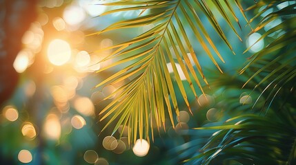 Poster - Blur beautiful nature green palm leaf on tropical beach with bokeh sun light wave abstract background