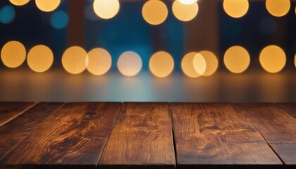 Wall Mural - Wooden table in front of blurred background with bokeh lights