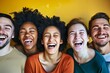 A lineup of diverse individuals with their mouths open, expressing emotions such as laughter and surprise. Generative AI