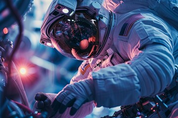 An astronaut in a space suit is actively working on a machine outside a spacecraft. Generative AI
