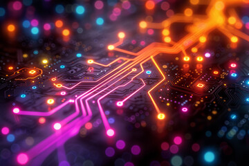Poster - a grayscale circuit board evolving into a network of colorful connections, symbolizing the intricate