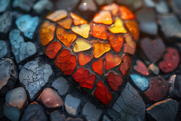 Poster - a grayscale heart graphic evolving into a vibrant mosaic of emotions, illustrating the complex and c