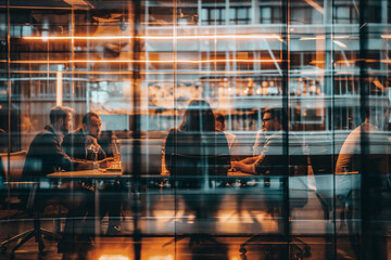 Group of businesspeople meeting in conference hall, behind a glass partition