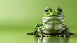 Close-up of a whimsical 3D frog with large eyes on green background.