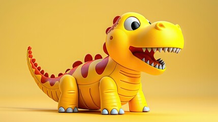 Cartoonish yellow dinosaur toy with a friendly smile on yellow backdrop.