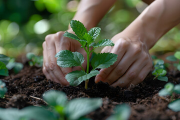 Wall Mural - Hands planting in the soil, nurturing the growth of new life in an outdoor environment. Suitable for environmental, agricultural, or organic farming concepts.