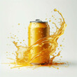 Mockup soft drink with yellow can and yellow splash isolated on white background, ready for object and retouch design. Generative AI.