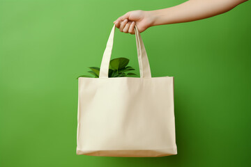 Female hand with eco bag on table against color background