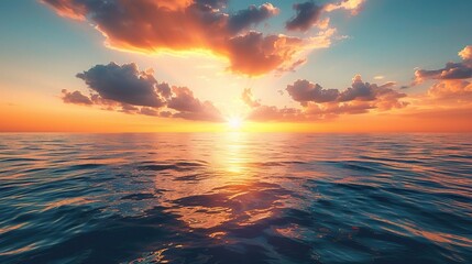 Poster - Calm sea with sunset sky and sun through the clouds over. Meditation ocean and sky background. Tranquil seascape.