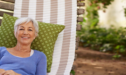 Sticker - Senior woman and smile in garden with hammock to relax for retirement, break and enjoy. Portrait, female person and happy at home in summer or hot weather for outdoor and .satisfied with me time.