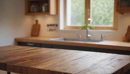 Wall Mural - Wooden table on blurred kitchen bench background. Empty wooden table and blurred kitchen background