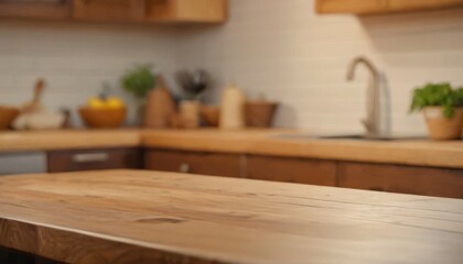 Wall Mural - Wooden table on blurred kitchen bench background. Empty wooden table and blurred kitchen background