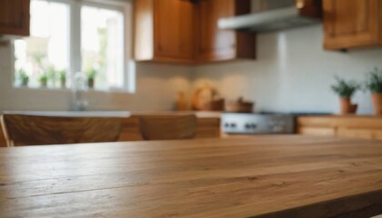 Wall Mural - Wooden table on blurred kitchen bench background. Empty wooden table and blurred kitchen background