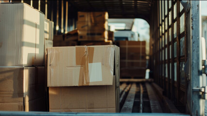 A shipment's first steps, cardboard boxes ready for delivery in a logistic truck's interior.