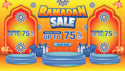 Banner Ramadan mubarak sale orange blue 3d text editable social media background 2