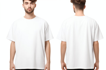 Young man in blank oversize t-shirt mockup front and back used as design template, isolated on white background with clipping path 