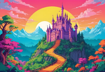 A fantasy landscape featuring a majestic castle on a hill, surrounded by a magical forest, Princess Castle Magic Pink Castle in the clouds Fairy City Illustration 