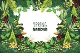 Fototapeta Kosmos - Sprin garden.Horizontal template for frame, card, banner. Blooming green plants. Flat vector illustration.