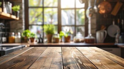 Wall Mural - Wood table top on blur kitchen window background