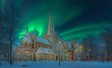 Fototapeta Mapy - Nordlich Trondheim Winter  Dom Nidaros beleuchtet