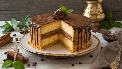 Wall Mural - Luscious Layers: Golden Sponge Cake Infused with Decadent Chocolate Cream