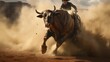 Dust swirls around the cowboy as he conquers the bucking bull, a symbol of untamed spirit.