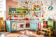A vibrant play kitchen corner complete with toy utensils, pots, and pans, adorned with playful kitchen-themed decals.