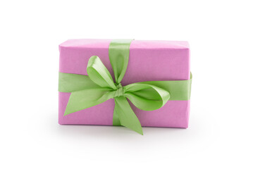 Wall Mural - Pink paper present box with green ribbon bow isolated on white background