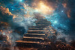 Stone stairs leading to heaven through a space nebula, heaven concept