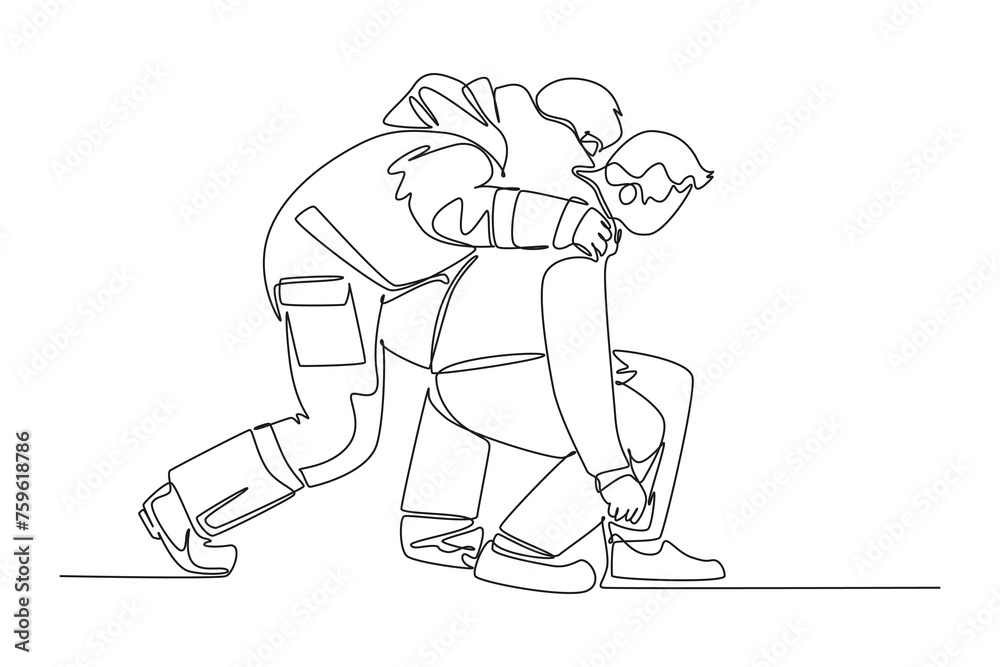 Continuous one line drawing firefighter in fire suit on safety rescue ...