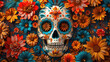 Mexican illustration, decorated colored skulls with a variety of flowers, traditional folk art, cinco de mayo, banner