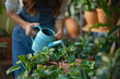 © Dennis - A woman watering her house plants with a blue watering can close-up