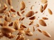 A flurry of assorted nuts, including almonds, walnuts, and hazelnuts, gracefully dancing through the air against a soft pink background