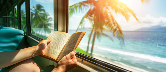 Wall Mural - women reading book at train with beach view. summer travel vacation concept background