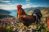 Fototapeta Zwierzęta - Portrait of a rooster on a green grass meadow in mountains, bright sunny day, on a ranch in the village, rural surroundings on the background of spring nature