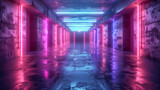 Fototapeta Londyn - Modern Futuristic Sci Fi Concept Club Background Grunge Concrete Empty Dark Room With Neon Glowing Purple And Blue Pink Neon Lights.