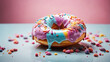 a donut coated with an iridescent glossy glaze that mirrors a pastel rainbow with swirls of ethereal pastel nebulas covered in colorful sprinkles

