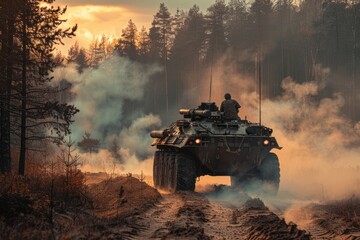 military armored vehicle crosses minefields and smoke in the forest